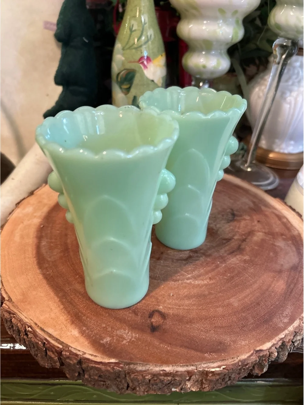 Vintage jadeite Glass Table Vase with Scalloped Rim and Bubble Detailing